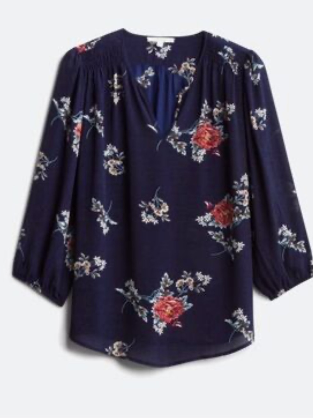 Stitch Fix Fun 2 Fun floral navy blue split v-neck smocked shoulder blouse top